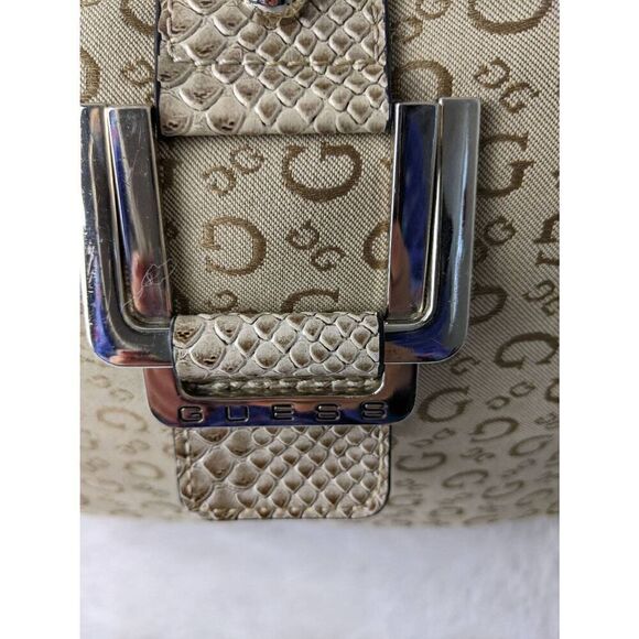 Guess vintage Y2K Beige Monogram Shoulder Purse Fabric Bag W Snake‎ Skin Inserts - Picture 2 of 14